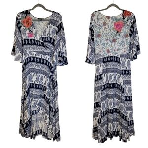Tribal Femme Boho High Low Faux Wrap Ruffle Maxi Dress Embroidered Flowers